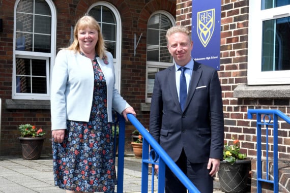 The experiences of students and teachers at Ballakermeen High School as schools prepare to fully reopen - pictured is head teacher Adrienne Burnett with Education Minister Dr Alex Allinson