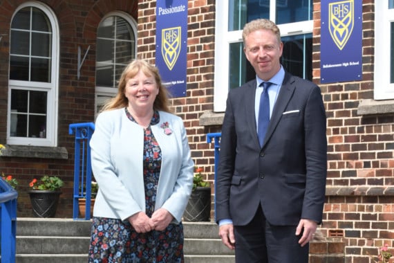 The experiences of students and teachers at Ballakermeen High School as schools prepare to fully reopen - pictured is head teacher Adrienne Burnett with Education Minister Dr Alex Allinson