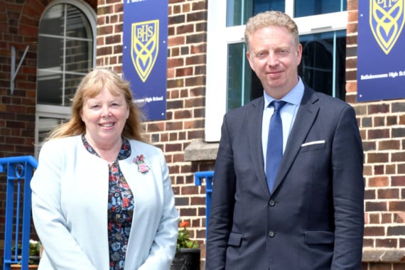 The experiences of students and teachers at Ballakermeen High School as schools prepare to fully reopen - pictured is head teacher Adrienne Burnett with Education Minister Dr Alex Allinson