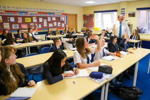 Pupils at Ballakermeen High School in Douglas