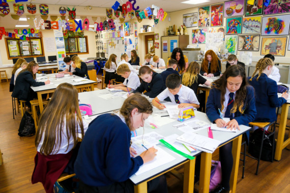 Pupils at Ballakermeen High School in Douglas