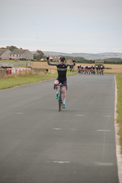 James Harrison approaches the finish line with a healthy lead over the chasing bunch in the opening round of the new-look Bikestyle handicap road race league at Jurby airfield last Thursday evening  (JW200702(4552/4569))