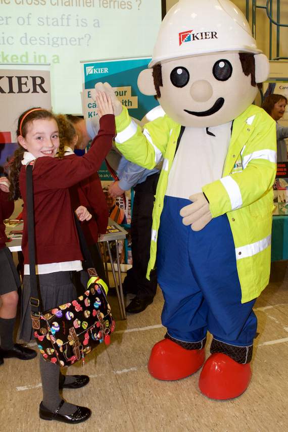 Nice to meet you: Olivia Pomeroy, nine, with Kier Construction’s safety mascot, Kieran.