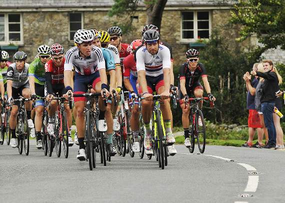 Riders approach the finish line at Haytor in the 2016 Tour of Britain event ©StevePope/MDA