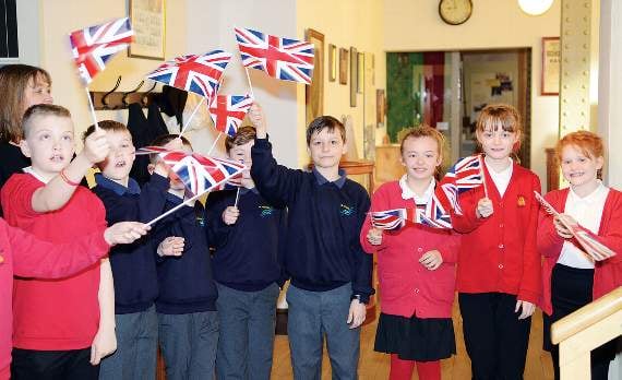 Children from St Nicholas Primary School, Radstock, and Westfield Primary School welcome the Royal visitor.