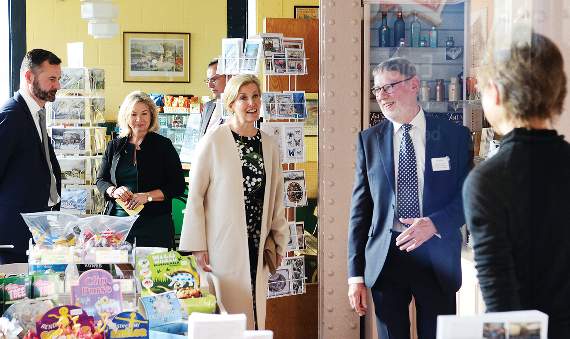 HRH The Countess of Wessex takes a tour of the Museum with CEO of Radstock Co-operative Society, Don Morris (left) and Dr Nick Hall, Chair of Trustees at the Museum, (right).