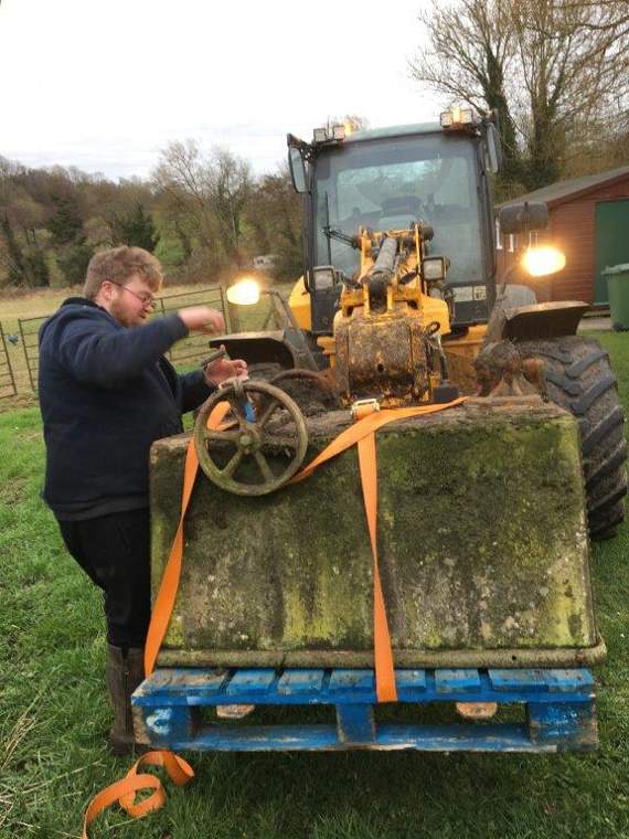 Farmer Stuart Perkins with the Foxcote Pit coal tub.