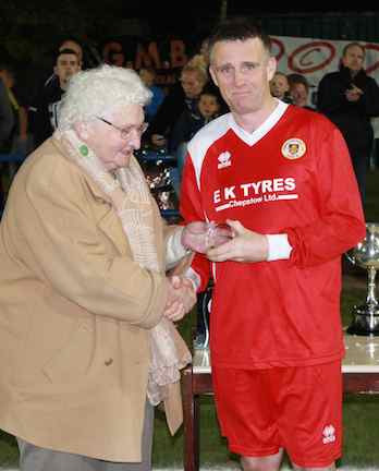 An emotional Nick Owen receives his Man of the Match award from Mrs Gwen Fishwick, widow of Caldicot Castle’s former chairman Harry Fishwick