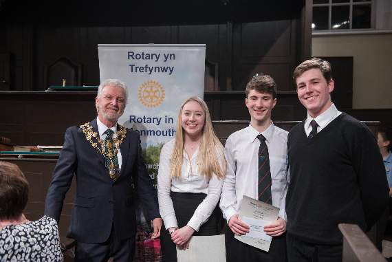 Senior winners, Monmouth Comprehensive school (MCS), Louise Pardington Wulfstan Scouller and Charlie Breton with Cllr Chris Munslow