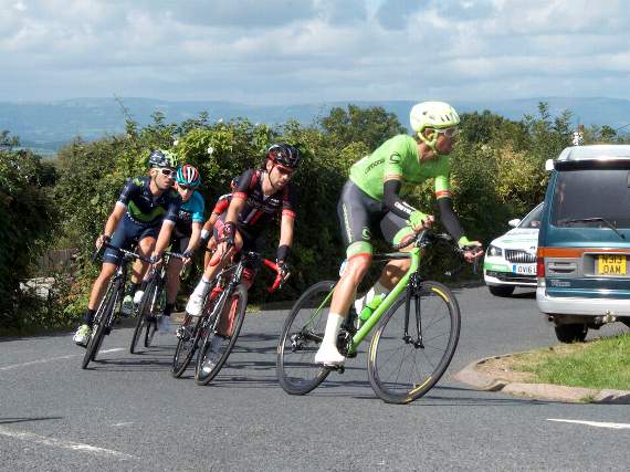 The leaders join the B4293 near Trellech...
