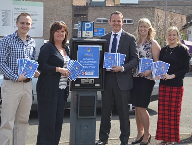 2015 Ross-on-Wye May Fayre committee members Craig Morgan, Helen Kiddy, Carly Weyman and Charlotte Reynolds with Michael Berry from Parrys Property who is sponsoring the free parking