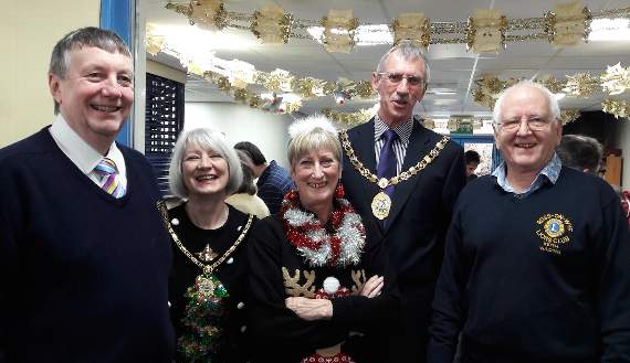 The Mayor of Ross-on-Wye, Councillor Nigel Gibbs, with his wife, Gill, the Mayoress, Lion President Jenny and other Lions.