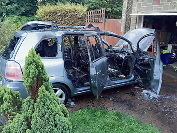 The burnt-out wreckage of Sue Freemantle’s Vauxhall Zafira