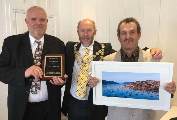 From left, citizen of the year Tim Mattocks, town mayor Mike Fice and former the town’s former road-sweeper Chad Benson (Ken Prowse)