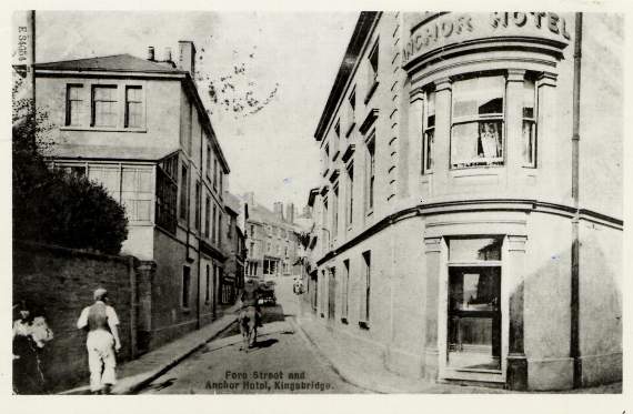 The bottom of Fore Street in c1900 - showing the Anchor Hotel (Cookworthy Museum)