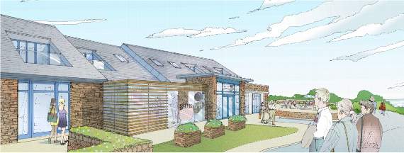 An artist’s impression of the view of the main building entrance and proposed ‘reception pod’ (Dyers Architects)