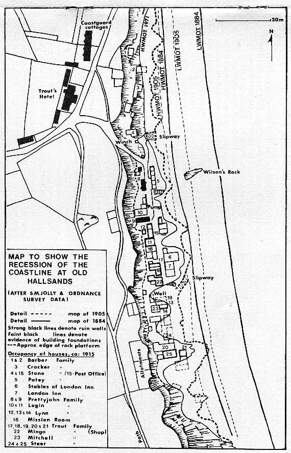 Map to show the recession of the coastline at Old Hallsands - after S.M. Jolly and Ordnance Survey data. (Reproduced with kind permission from ‘Hallsands - a pictorial history’ by Kathy Tanner and Peter Walsh)