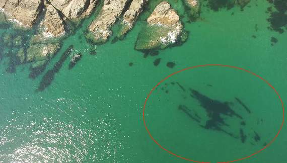 Aerial drone photo showing the outline of the wreck of The Meirion, which smashed into Gara Rock on its way from Sunderland to Bombay carrying a cargo of coal, in 1879