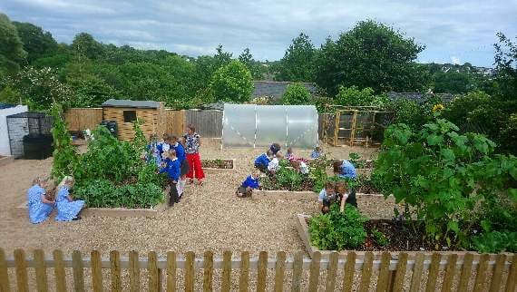 Modbury Primary School pupils in their kitchen garden, with Katherine Pemberton, year 5 lass teacher
