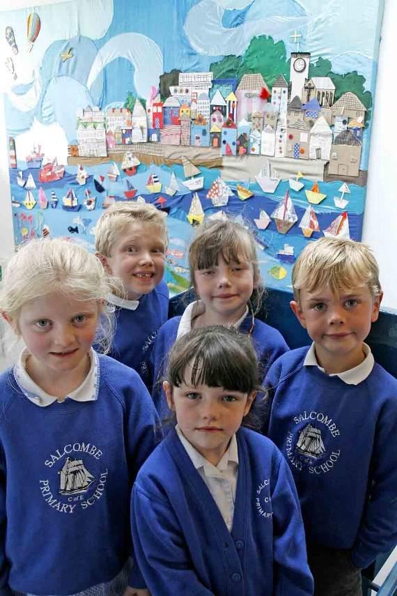 ‘The Spirit of Salcombe’ by Salcombe Church of England Primary School - with some of the artists. From left, Nina Walker (Year 2), Rocco Towns (Year 2), Pearl Getley (Foundation), Honey Getley (Year 3) and Henry Downes (Year 1).