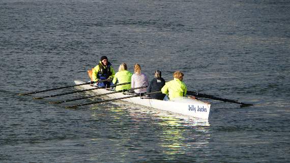 Sophie Harris, centre, wearing light-coloured top, with the Mayflower Offshore Rowing Club in Plymouth