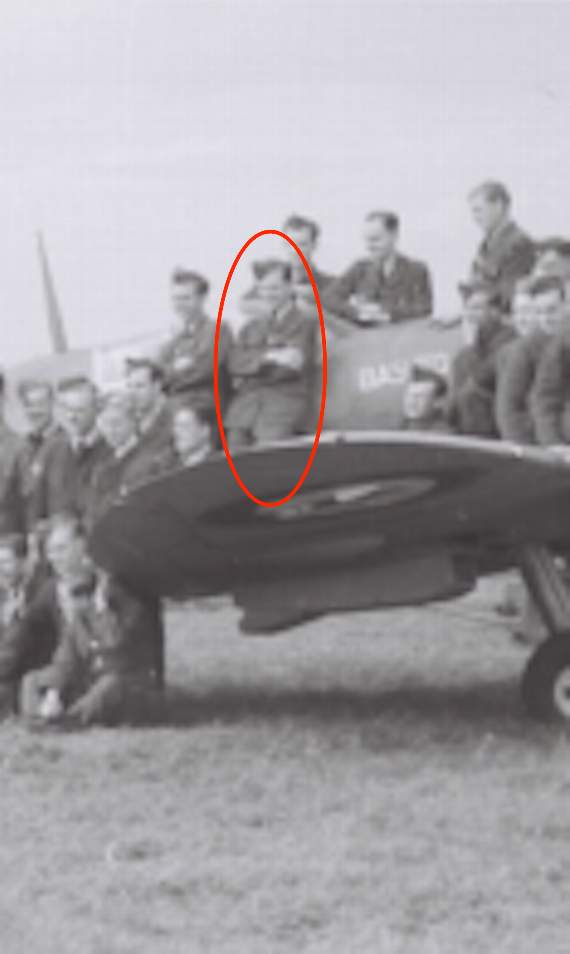 Bill (circled) on the wing of a Spitfire during the war