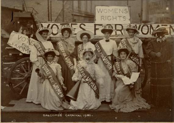 1908 Salcombe carnival, women and men dressed as suffragettes
