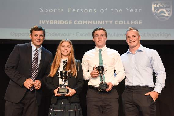 Sports Person of the Year recipients Milly Jinks and Toby Williams with Andy Birkett, left and Stuart Townsend, right