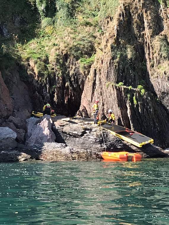 The rescue involved mud mats to get her over the Rocky; Credit: RNLI Salcombe
