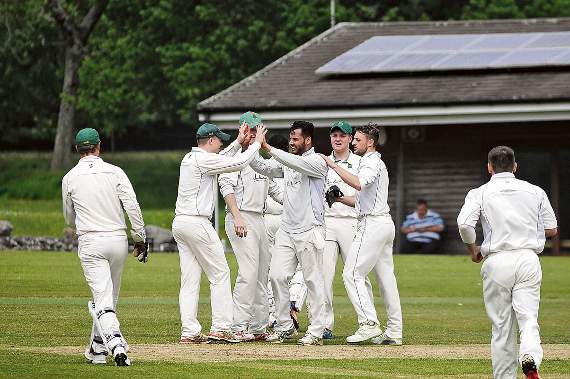 Cornwood's Shahzaz Ahmad celebrates a wicket with his teammates