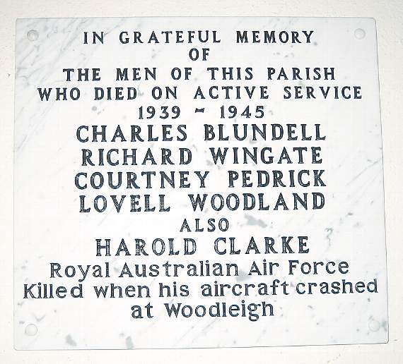 The plaque in Woodleigh Church, including Pilot Officer Harold Clarke