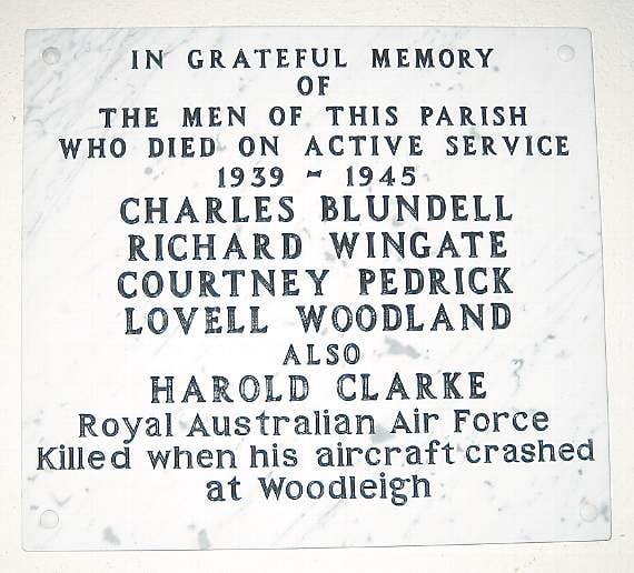 The plaque in Woodleigh Church, including Pilot Officer Harold Clarke
