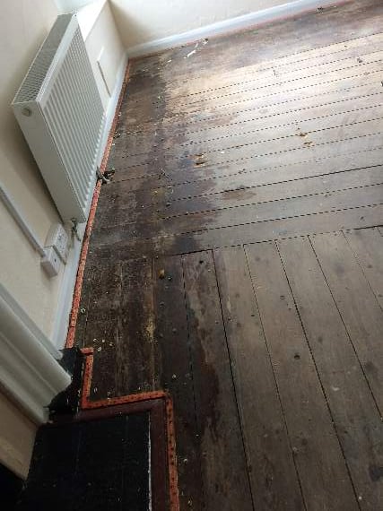 Dartmouth Town Council: Damp stains on floor boards after the carpet was pulled up