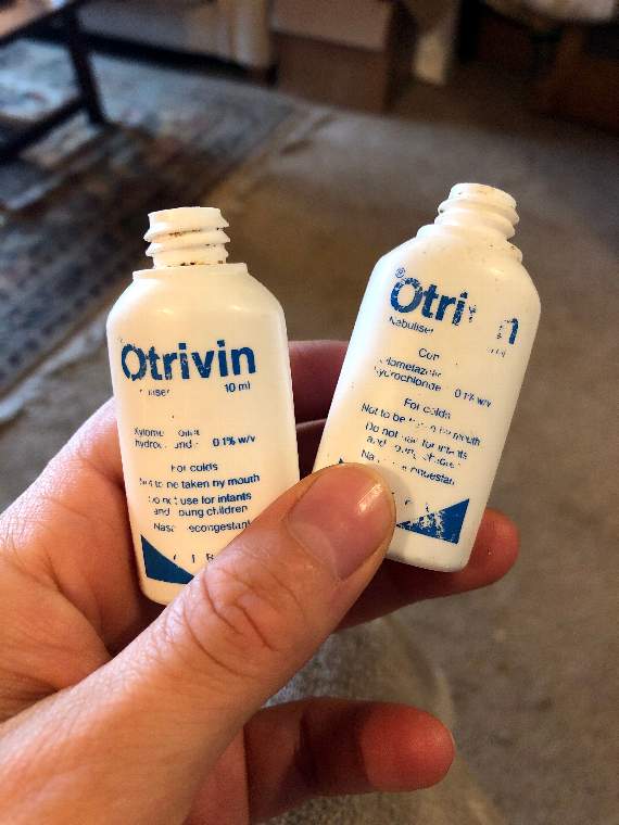 Two of the Otrivin bottles found by Kristen Bounds