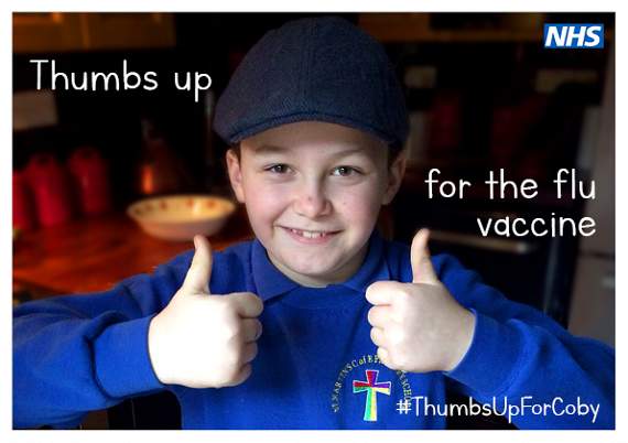 Postcards featuring photos of a smiling Coby with his thumbs up and a message from his parents Louise and Jamie