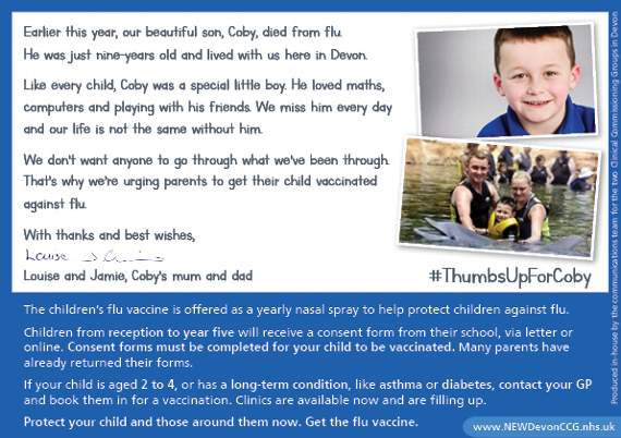 Postcards featuring photos of a smiling Coby with his thumbs up and a message from his parents Louise and Jamie