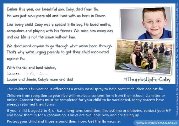 Postcards featuring photos of a smiling Coby with his thumbs up and a message from his parents Louise and Jamie
