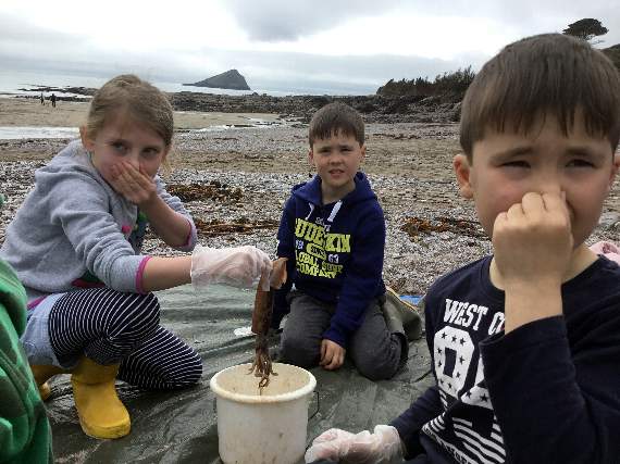 (from left) Ella Turns, Tom Basham and Charlie Basham dissect a yucky-smelling squid!