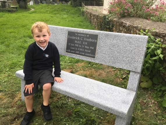 Great great grandson Harry Freeborn, aged 4, on memorial bench