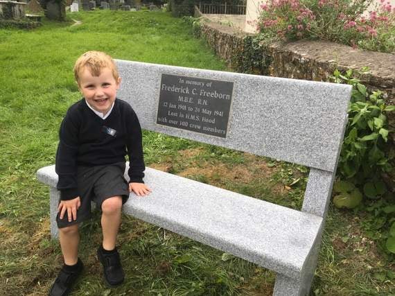Great great grandson Harry Freeborn, aged 4, on memorial bench