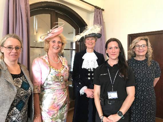 Left to right: Sophie Carmody, Cllr Chugg, Laura Hutchings, High Sheriff of Devon, Mrs Grania Phillips and Gill Smith