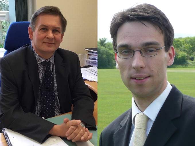 <p>Guildford Borough Council chief executive James Whiteman (left) did not apply for the joint post to run Guildford and Waverley councils, leaving his Waverley counterpart Tom Horwood as the sole candidate</p>