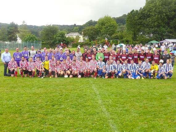 The teams of players who took part at the tribute charity match on Sunday at the King George V Playing Field in Gunnislake.