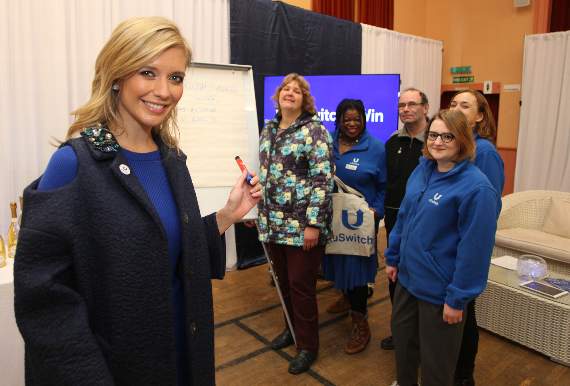 Pictured with Rachel are Winkleigh savers Linda and Keith Dunn and members of the uSwitch team. Picture by James Bird.