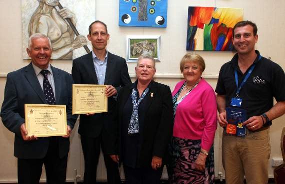 Left to right: Okehampton mayoral award winners Roger Pedrick and Louis Anderson, outgoing mayor Cllr Jan Goffey, award winner Jenny Pedrick and Oliver Watts from FORCE. Picture by James Bird.