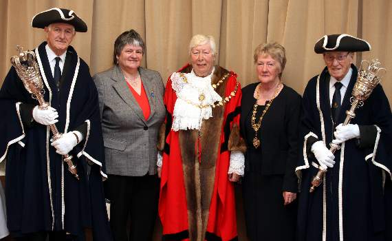 Left to right: Macebearer Basil Jones, deputy mayor Cllr Julie Yelland, new Okehampton mayor Cllr Janet Carpenter, mayoress Cllr Christine Marsh and macebearer David Hollinshead. Picture by James Bird.