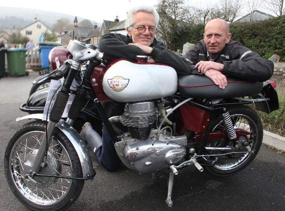 A 1961 Royal Enfield Cafe Racer Dream Machine with owner Barry Stephens and restorer John Eggleston. Restoring the bike took John 18 months.