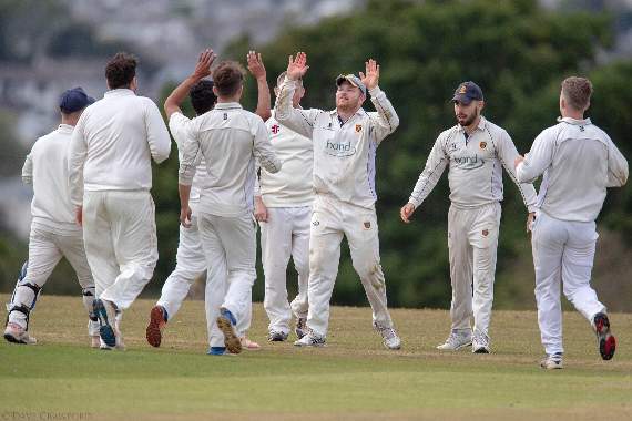 The Tavistock field joyously celebrate a Barton scalp at the Ring on Saturday. Picture by Dave Crawford.