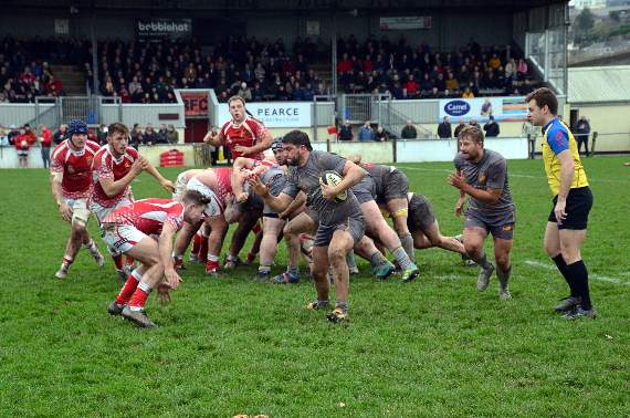 Okehampton captain Tom McGrattan breaks from the base of the scrum. Pictures by Dave Potter