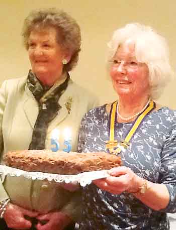 President Evelyn with Margaret Phillips - she has been president four times - with the special birthday cake.